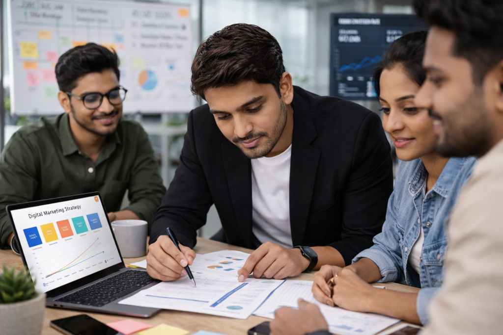 digital marketing team analyzing data and planning strategy for business growth in Bihar India