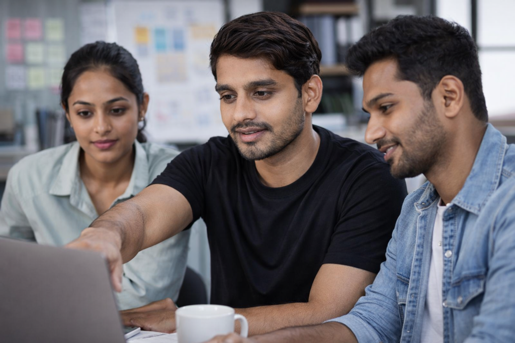 digital marketing team working on laptop discussing SEO strategy in Siwan Bihar India