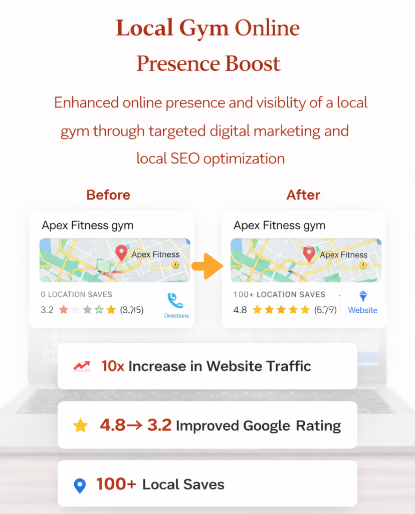 local gym SEO project – improved website traffic and Google rating with digital marketing in Bihar