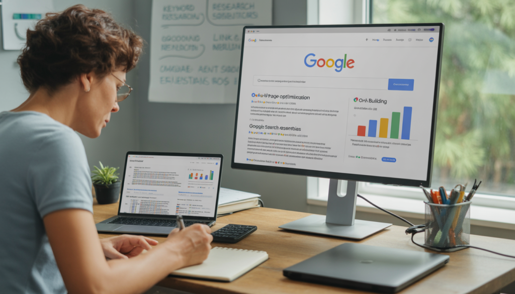 Digital marketing professional analyzing SEO data and Google search results on desktop screen while taking notes