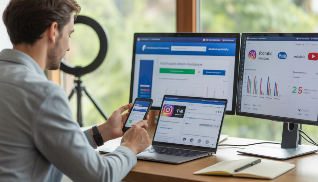 Social media marketing professional analyzing campaign performance and engagement analytics on laptop and desktop screen