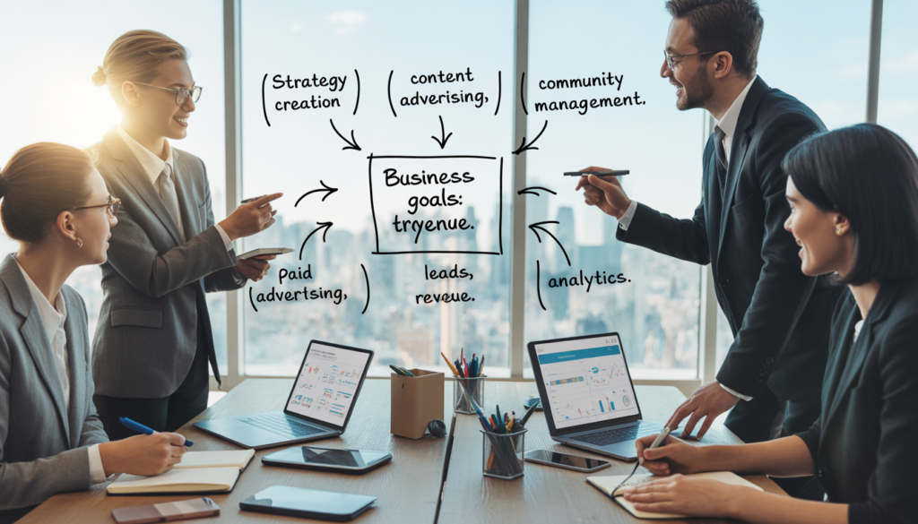 A professional marketing team in a modern sunlit office brainstorming a social media strategy on a glass board, showing the workflow of analytics, content creation, and paid ads leading to business goals