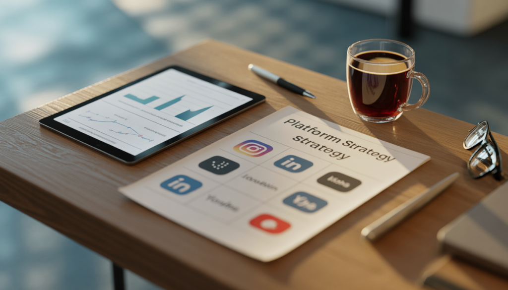 A professional office desk featuring a tablet with analytics, a coffee cup, and a 'Platform Strategy' document showing logos of Instagram, LinkedIn, and YouTube for business marketing compariso