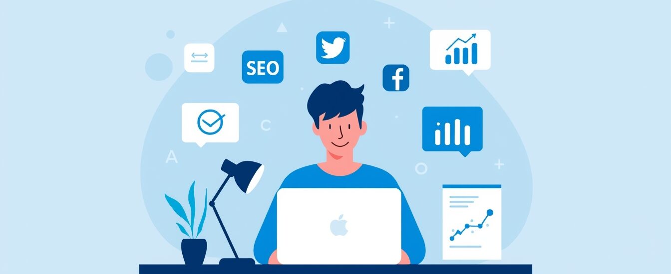 digital marketing skills list illustration showing SEO social media analytics and content marketing icons