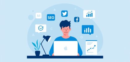 digital marketing skills list illustration showing SEO social media analytics and content marketing icons