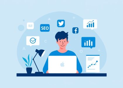 digital marketing skills list illustration showing SEO social media analytics and content marketing icons