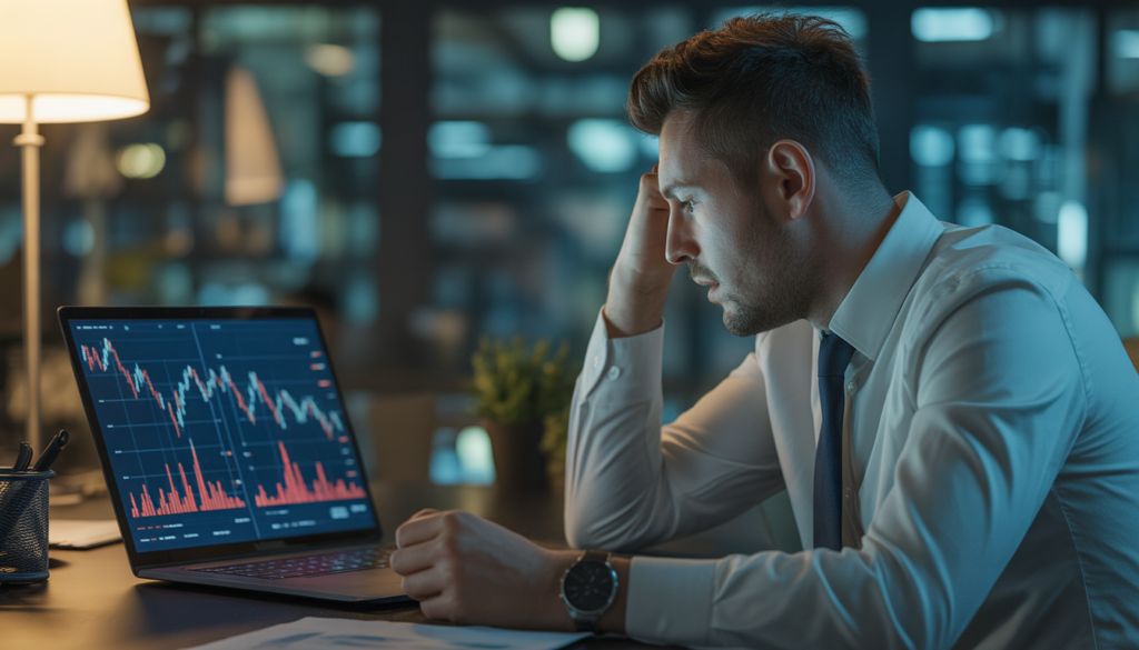 Frustrated digital marketer looking at dropping SEO rankings and traffic loss on laptop screen