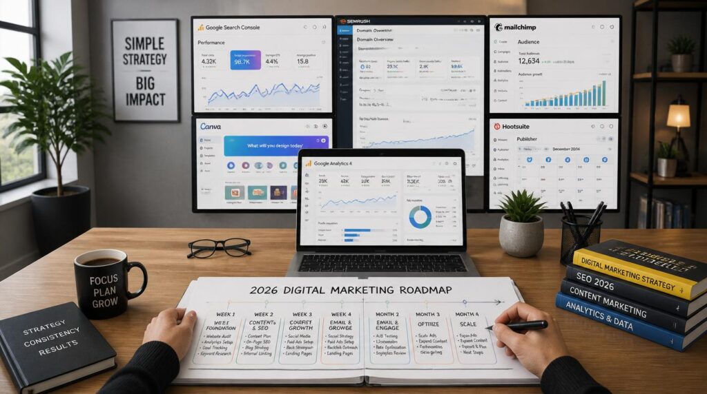 Digital marketing roadmap workspace showing SEO tools, analytics dashboards, content planning, and marketing growth strategy in 2026
