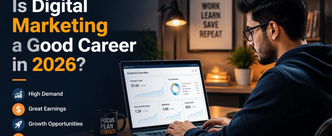**Alt Text:** Is digital marketing a good career in 2026 featured image showing a student working on SEO analytics and online marketing growth strategies.