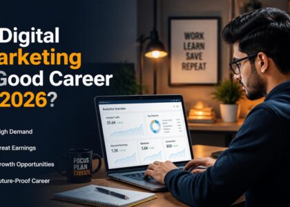 **Alt Text:** Is digital marketing a good career in 2026 featured image showing a student working on SEO analytics and online marketing growth strategies.