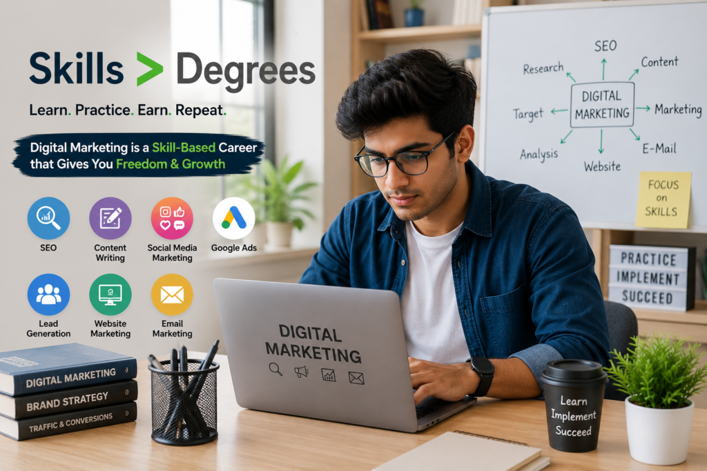 Student learning digital marketing skills on a laptop, highlighting skill-based careers, SEO, content writing, social media marketing, Google Ads, and remote work opportunities.